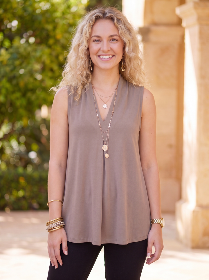 “KELLY” Pleat Front Sleeveless Top mocha