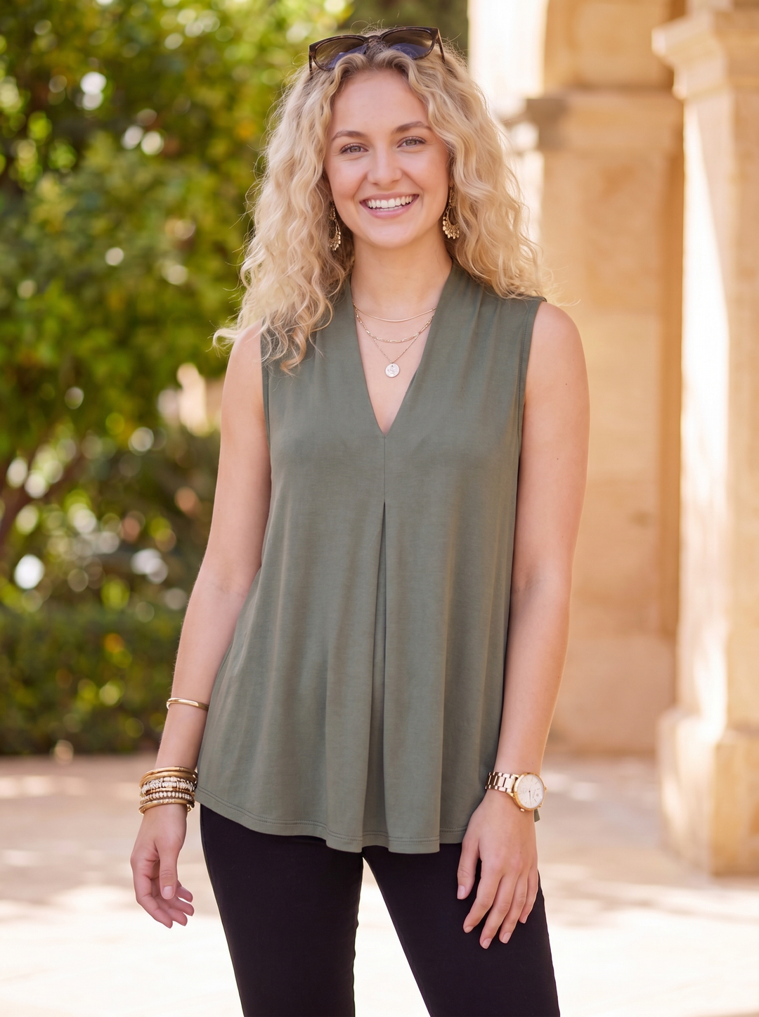 “KELLY” Pleat Front Sleeveless Top khaki green