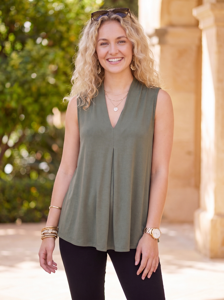 “KELLY” Pleat Front Sleeveless Top khaki green
