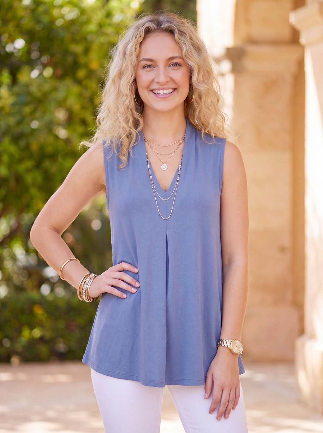 “KELLY” Pleat Front Sleeveless Top denim