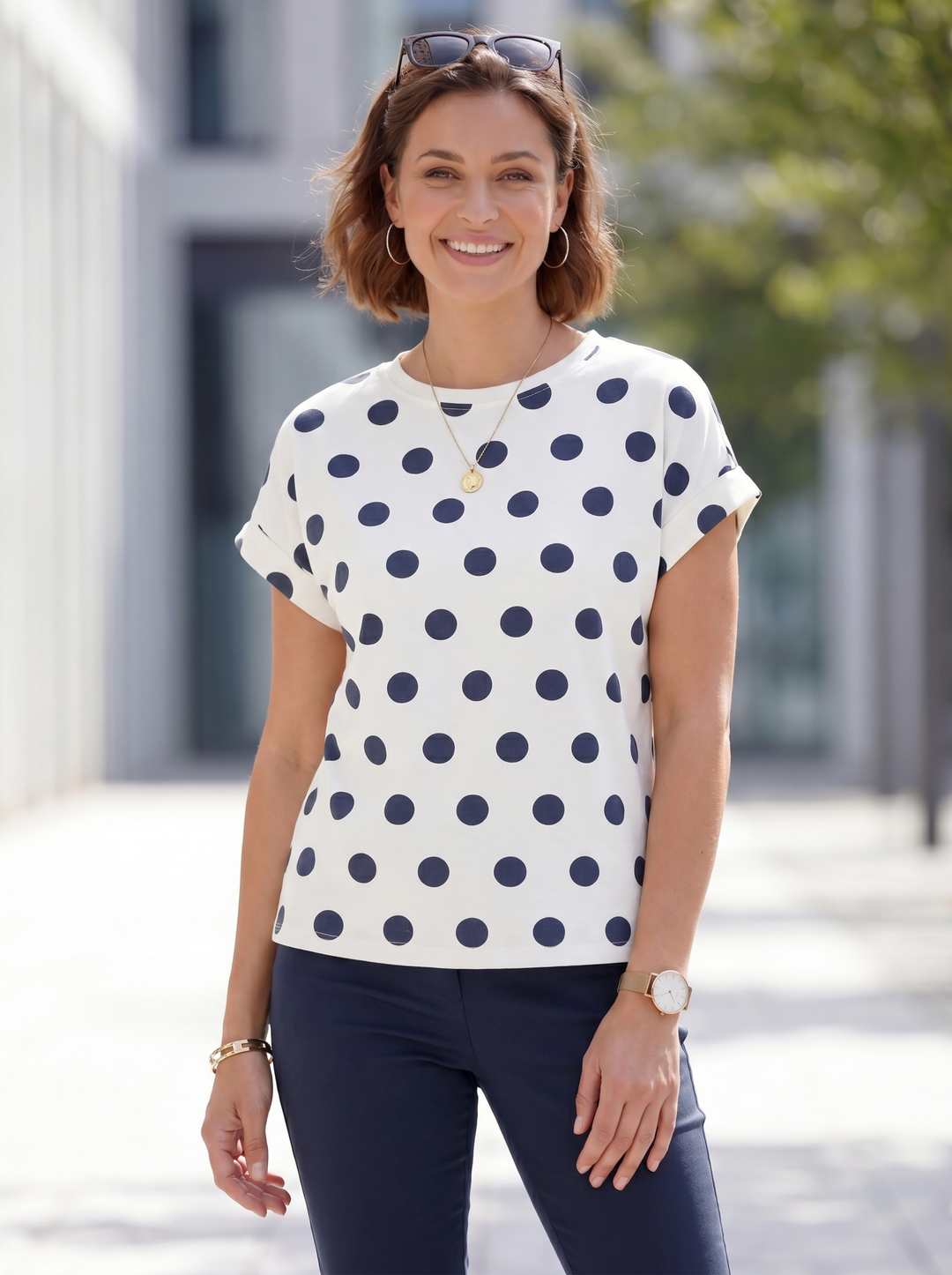 “SARAH” Polka Dot Cap Sleeve Top - navy