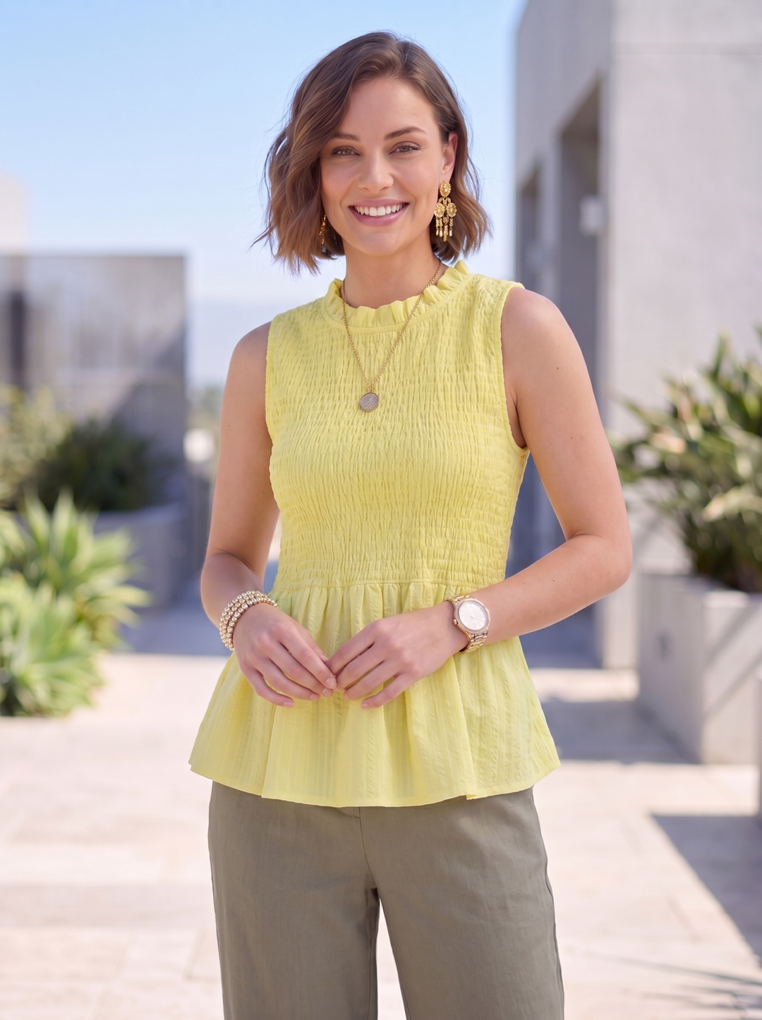 “FRANCES” Sleeveless Shirred Peplum Top yellow