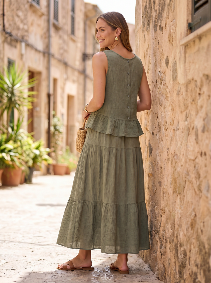 “VANESSA” Sleeveless Peplum Top + Maxi Skirt Co-Ord