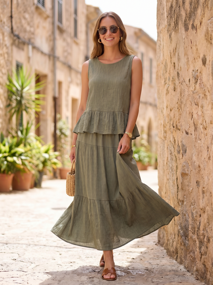 “VANESSA” Sleeveless Peplum Top + Maxi Skirt Co-Ord