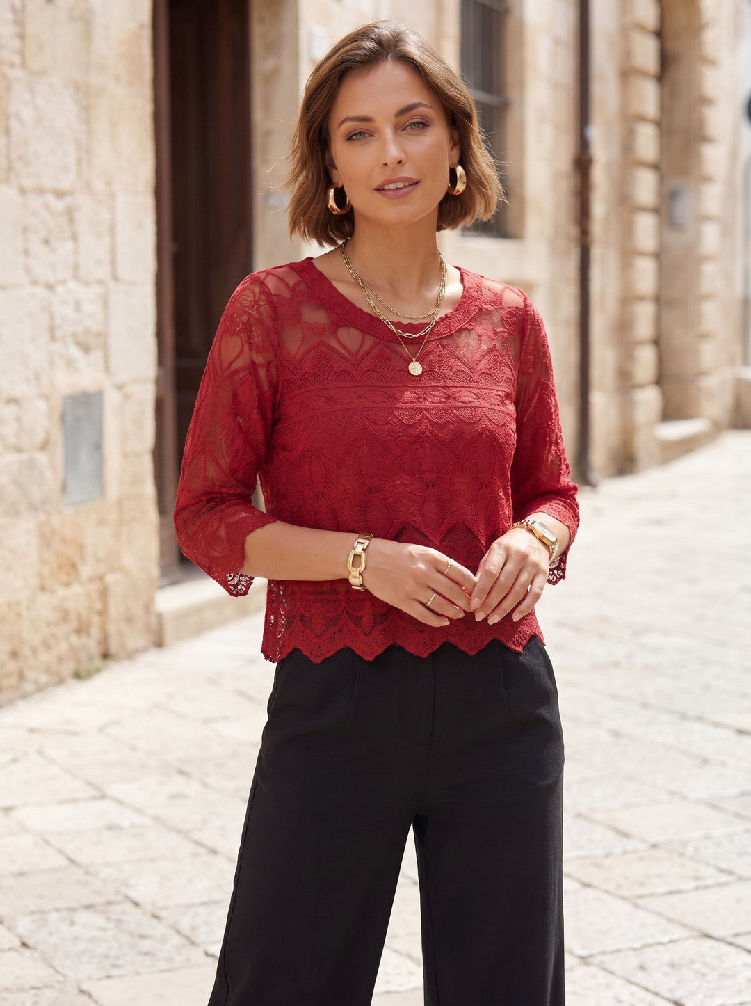 “ANTONIA” Scolloped Lace Overlay Top - burgundy