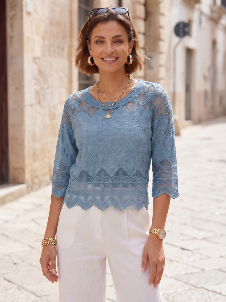 “ANTONIA” Scolloped Lace Overlay Top - sky blue