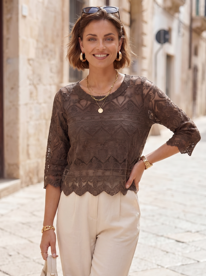 “ANTONIA” Scolloped Lace Overlay Top chocolate