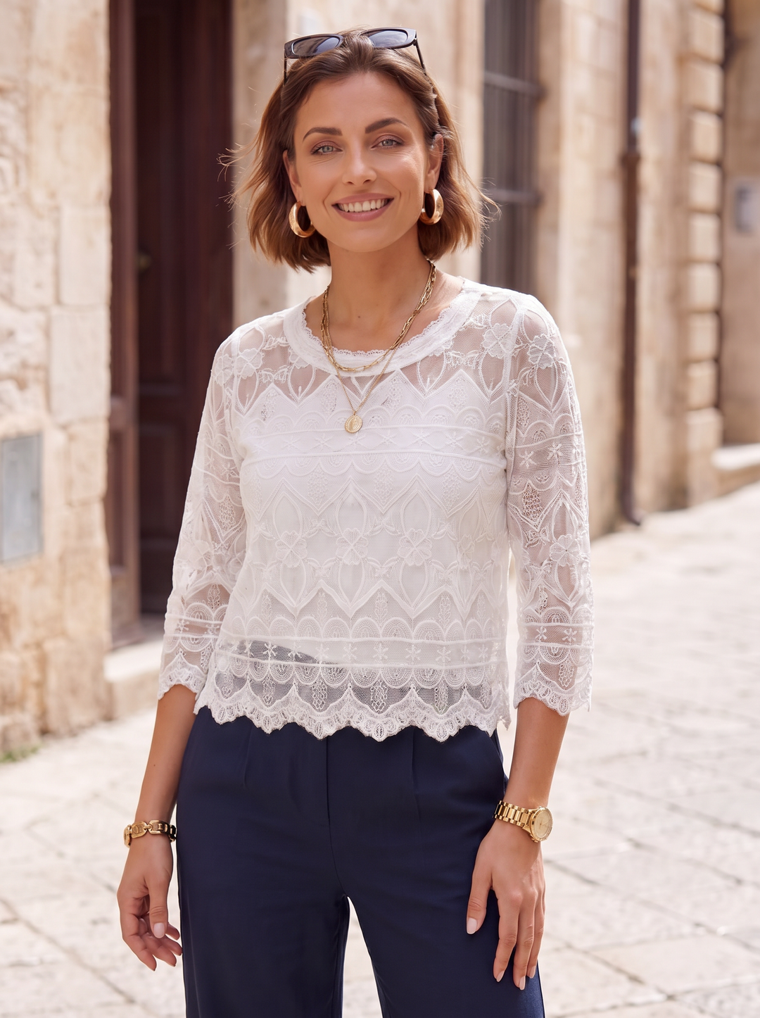 “ANTONIA” Scolloped Lace Overlay Top - white