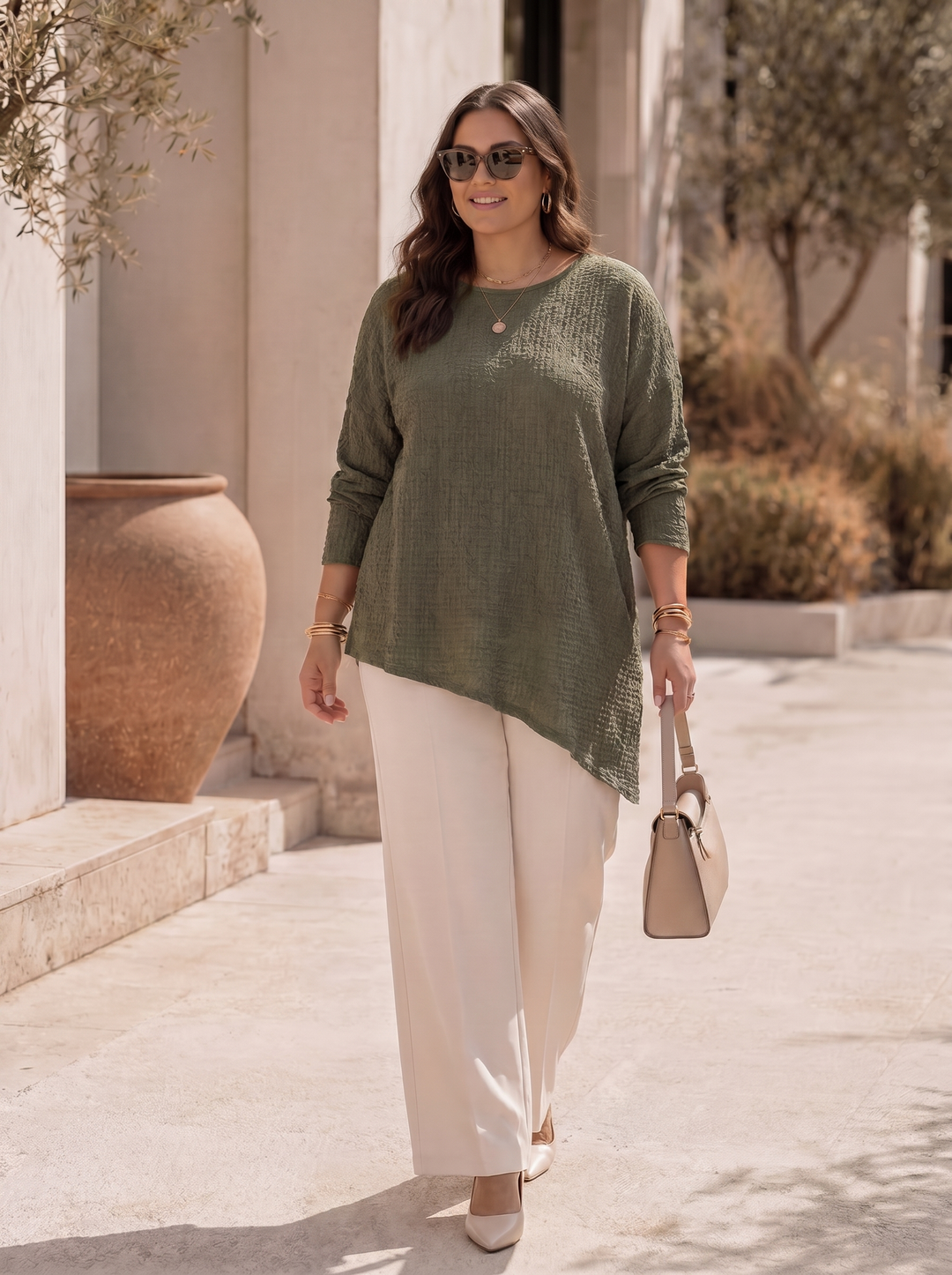 “CARLY” Asymetric Relaxed Fit Top khaki green