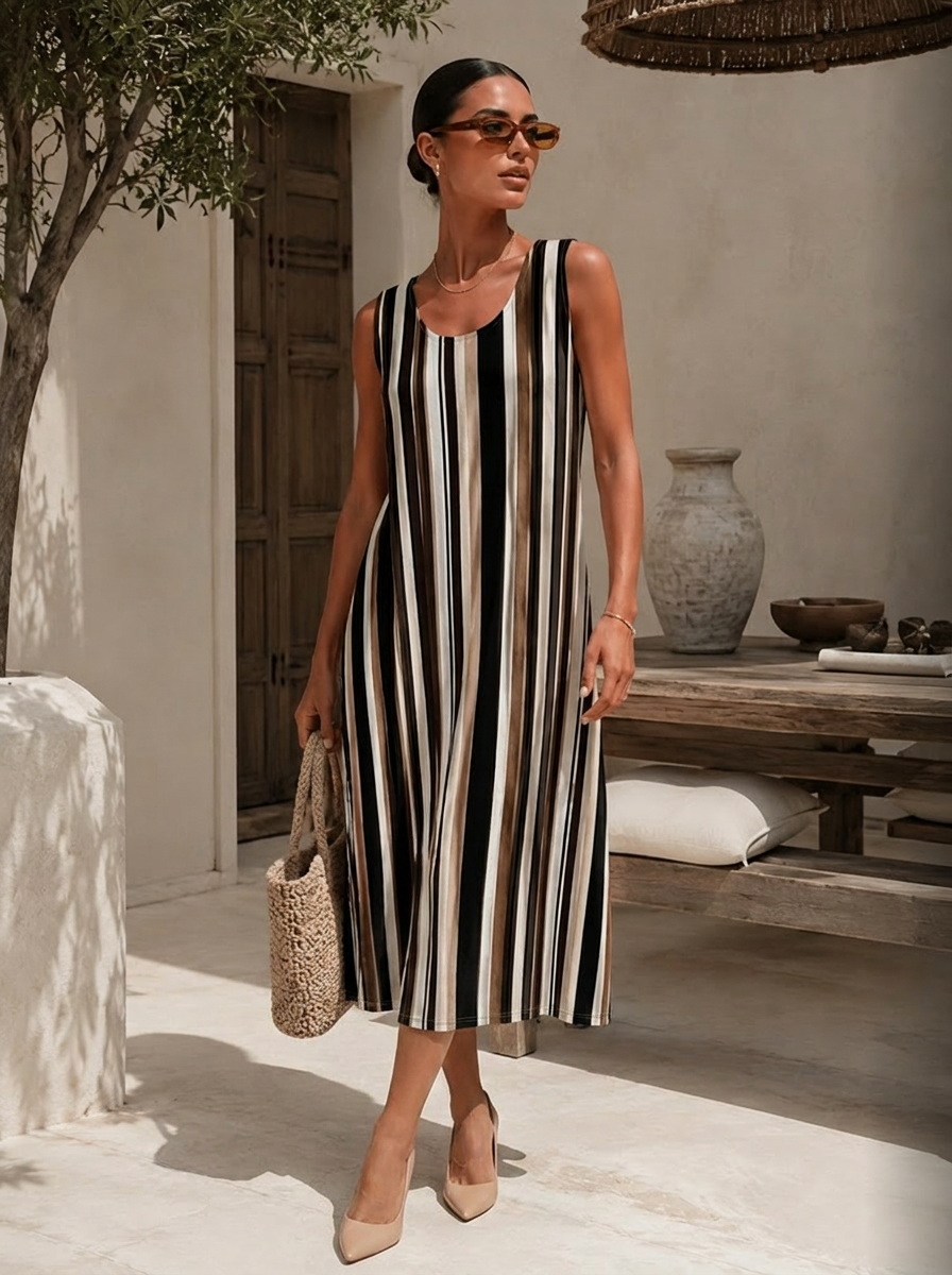 “COURTNEY” Stripe Print Dress  black stripe