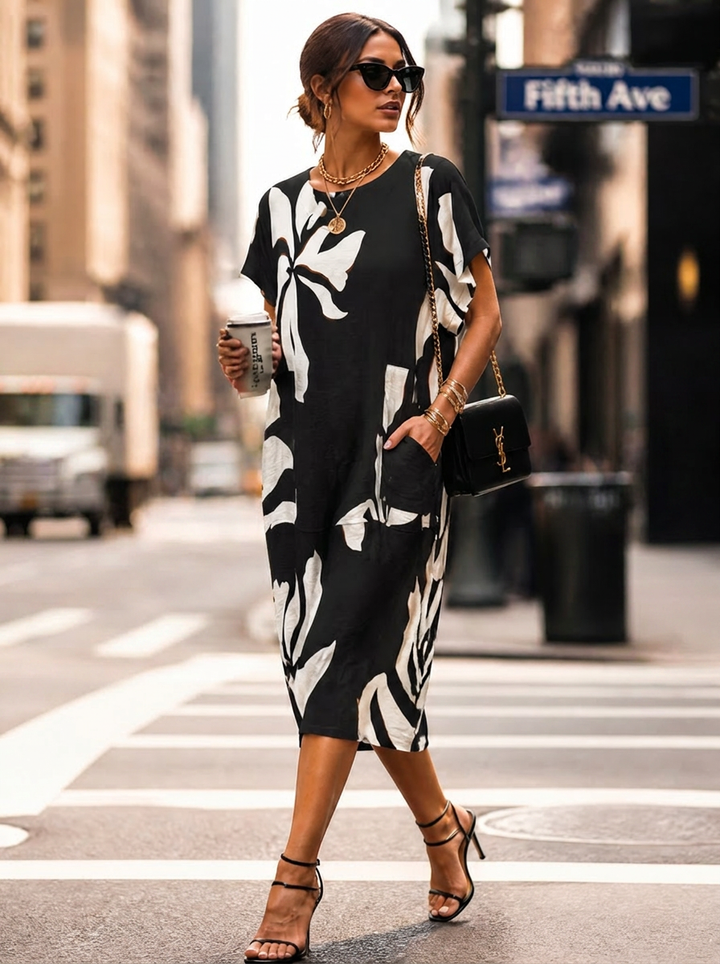 “DONNA” Premium Monochrome Palm Dress 