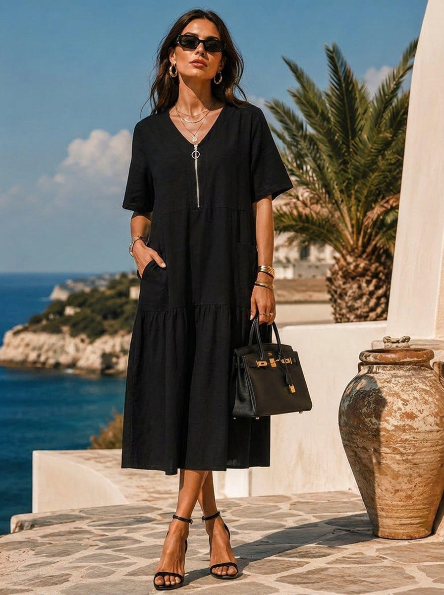 “QUINN” Zip Front Midi Dress black