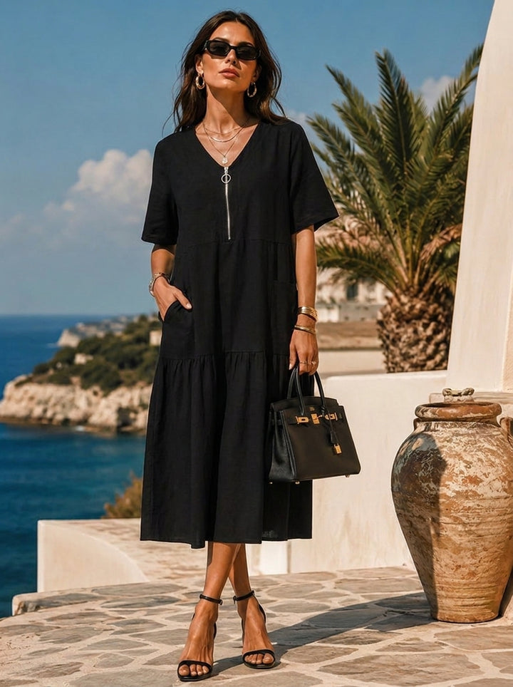 “QUINN” Zip Front Midi Dress black
