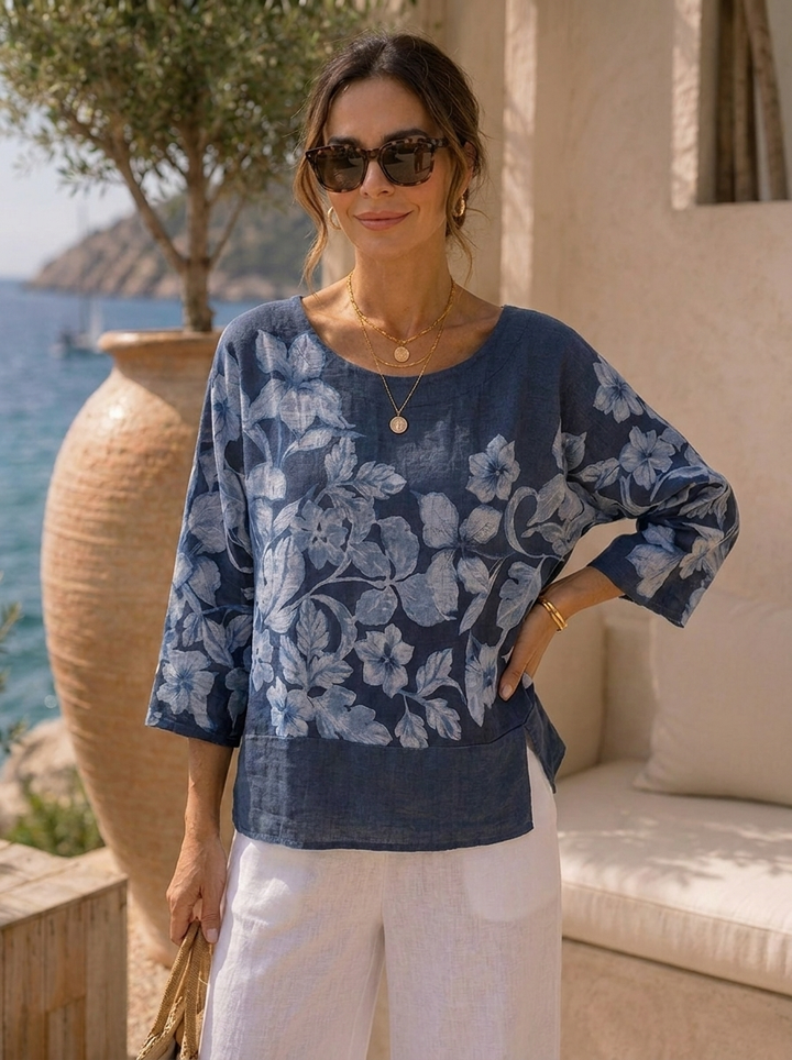 “JOANNA” Floral Print Cotton Top NAVY