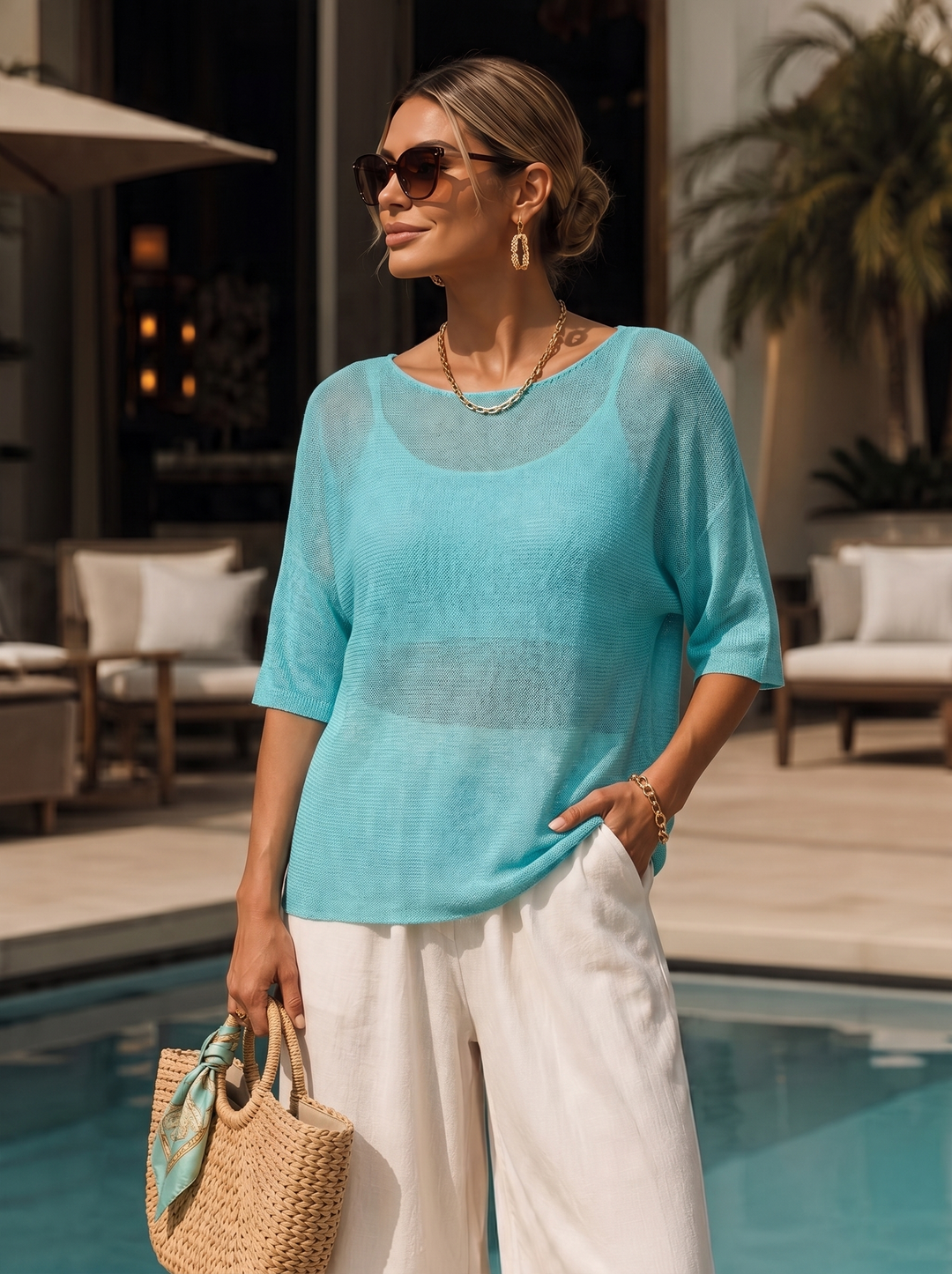 "RAYA” Fine Knit Top aqua