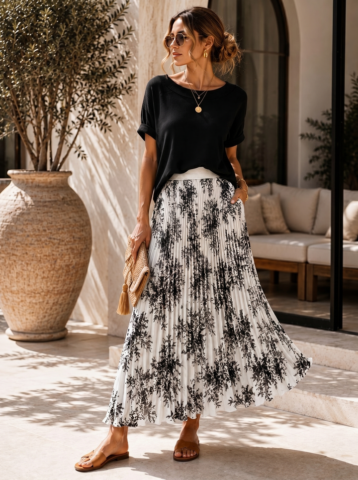 "ELODIE” Premium Botanical Print Skirt black