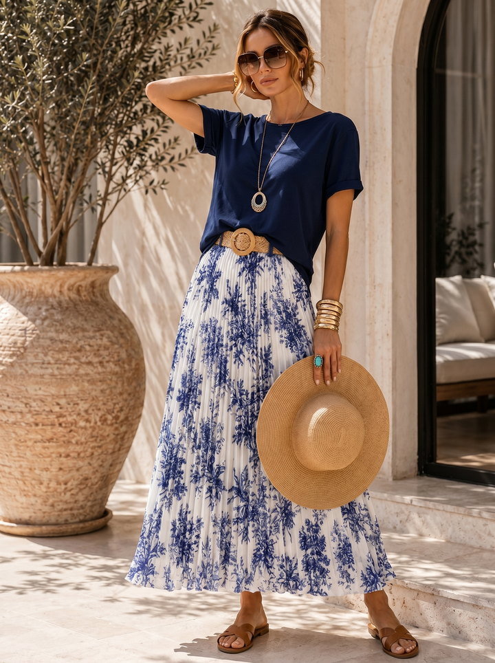 "ELODIE” Premium Botanical Print Skirt navy