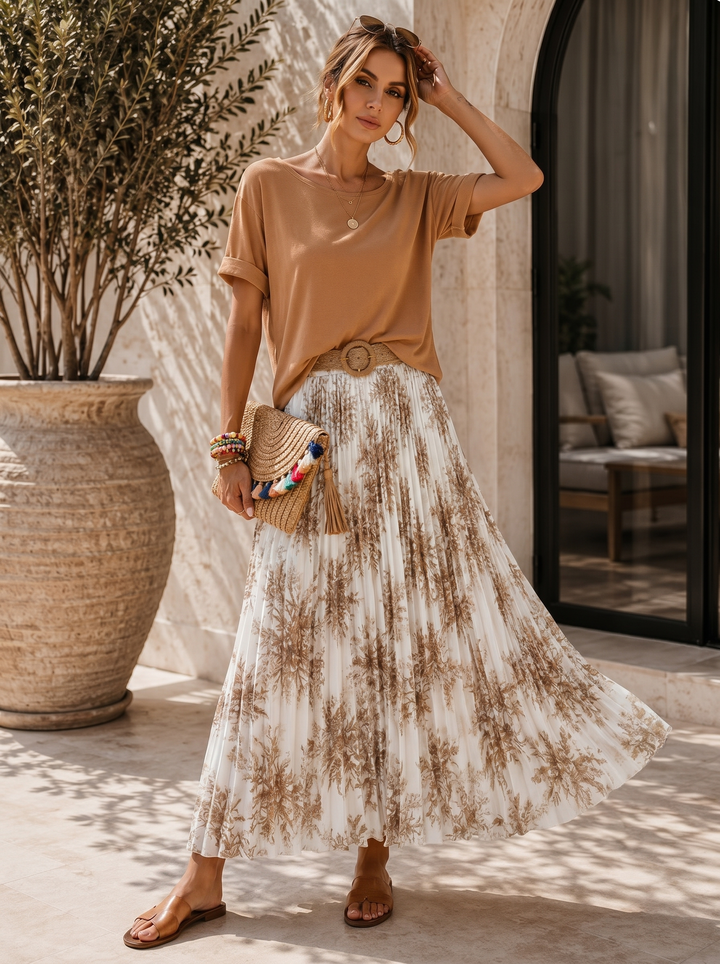 "ELODIE” Premium Botanical Print Skirt tan