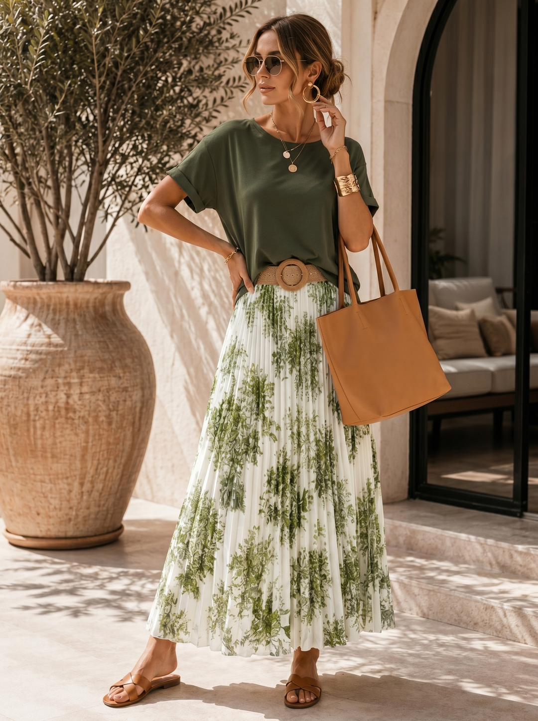  "ELODIE” Premium Botanical Print Skirt green