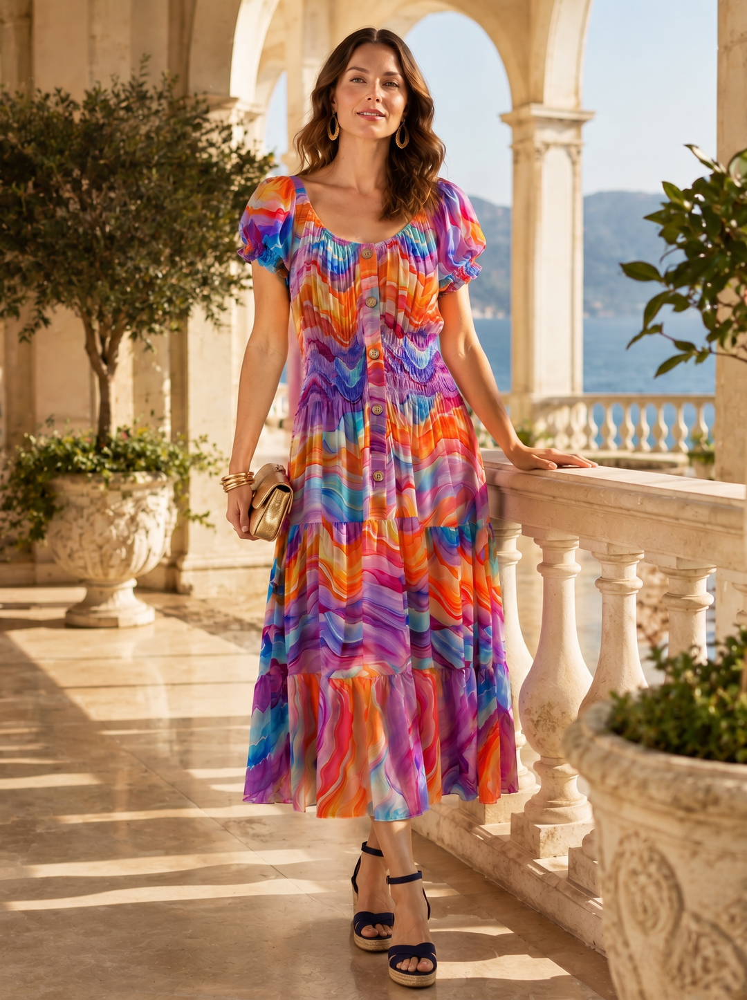 “MELANIE” Bardeoux Midi Dress ORANGE / LILAC