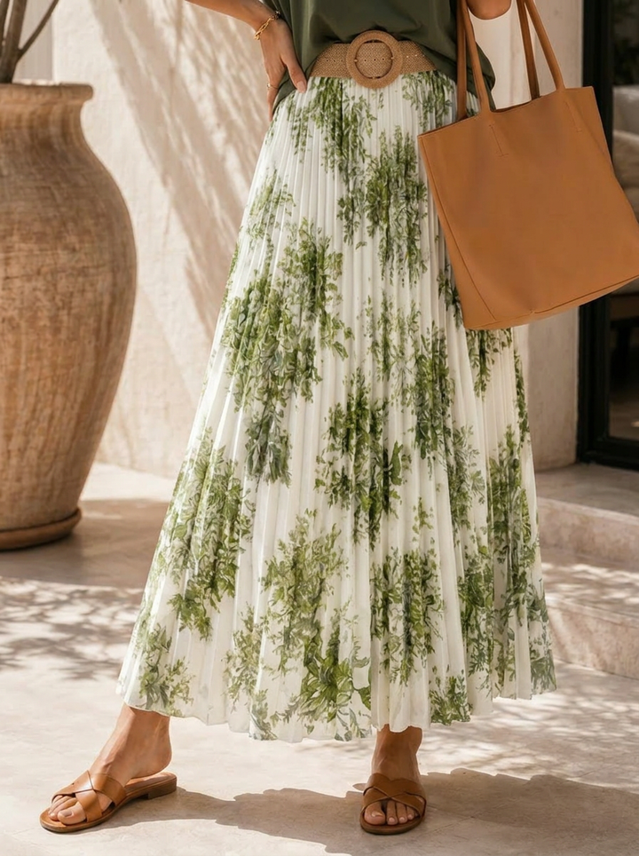 "ELODIE” Premium Botanical Print Skirt green