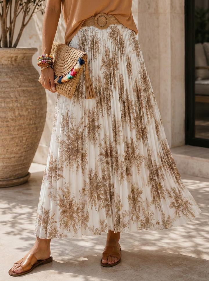 "ELODIE” Premium Botanical Print Skirt tan