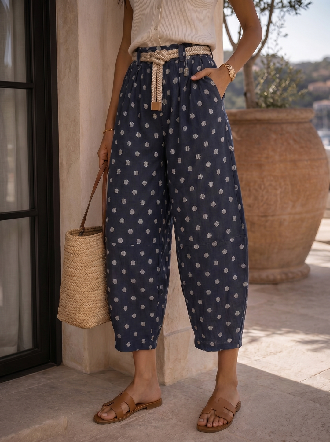 "MIRANDA” Limited Edition Polka Dot Denim Bullet Trouser With Belt blue