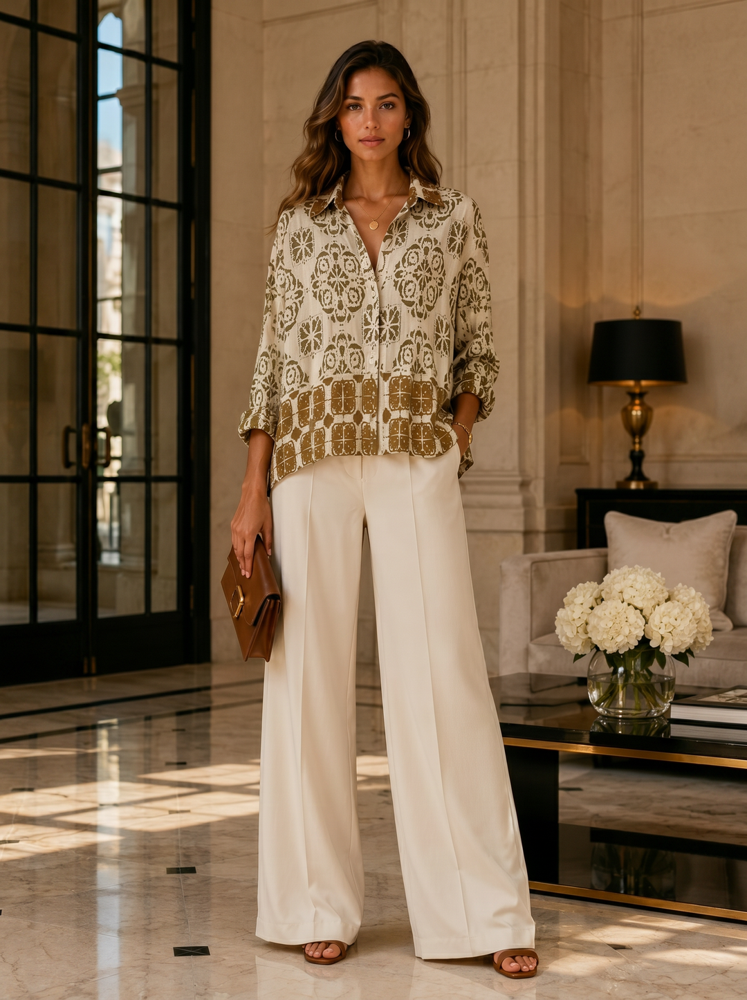 “DARCIE” Mosaic Print Blouse tan