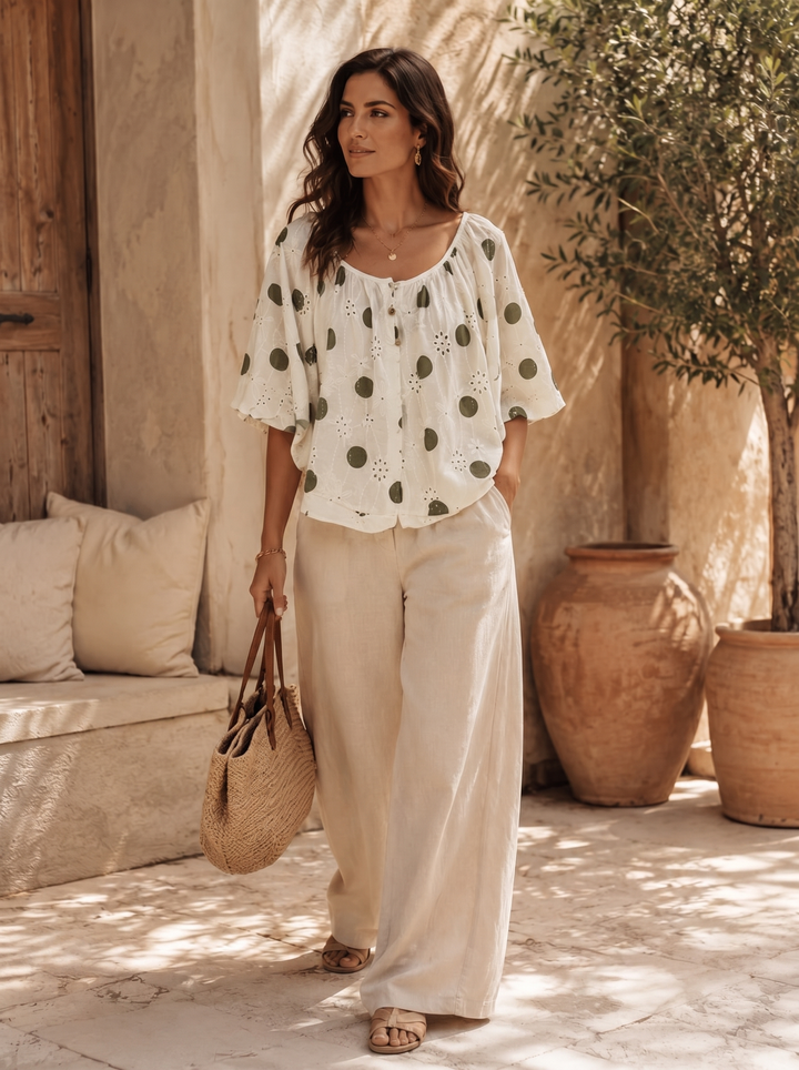 “GEORGIA” Bardeoux Polka Dot Top/Blouse khaki green