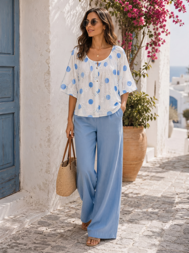“GEORGIA” Bardeoux Polka Dot Top/Blouse sky blue