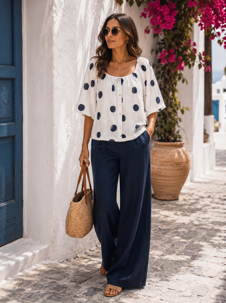 “GEORGIA” Bardeoux Polka Dot Top/Blouse navy