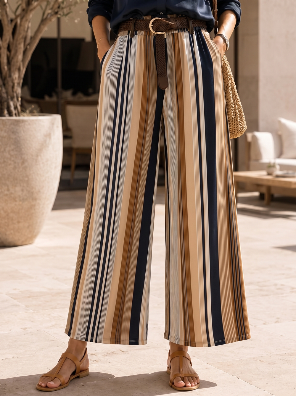“HELEN” Stripe Wide Leg Trouser navy/Tan