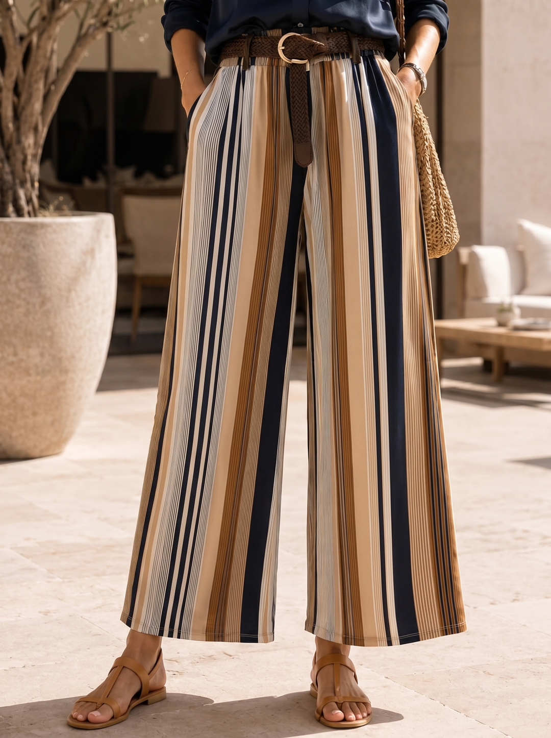 “HELEN” Stripe Wide Leg Trouser navy/Tan