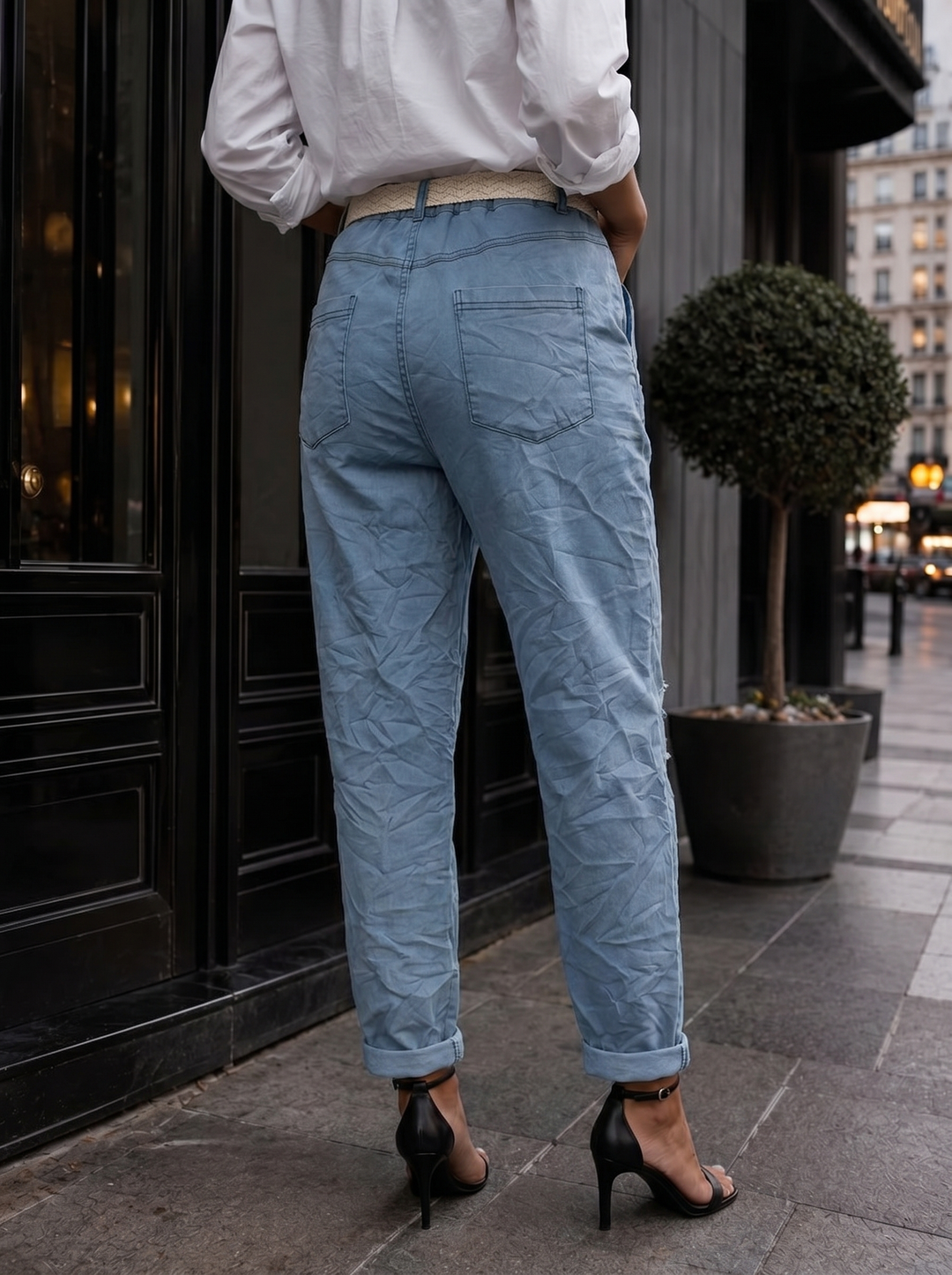 “MEL” Studded Denim Crinkle Trouser