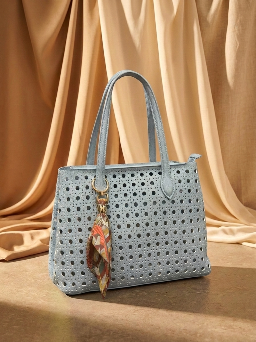 “KNIGHTSBRIDGE COLLECTION” Perforated Shoulder Tote POWDER BLUE