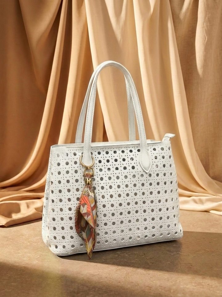 “KNIGHTSBRIDGE COLLECTION” Perforated Shoulder Tote WHITE