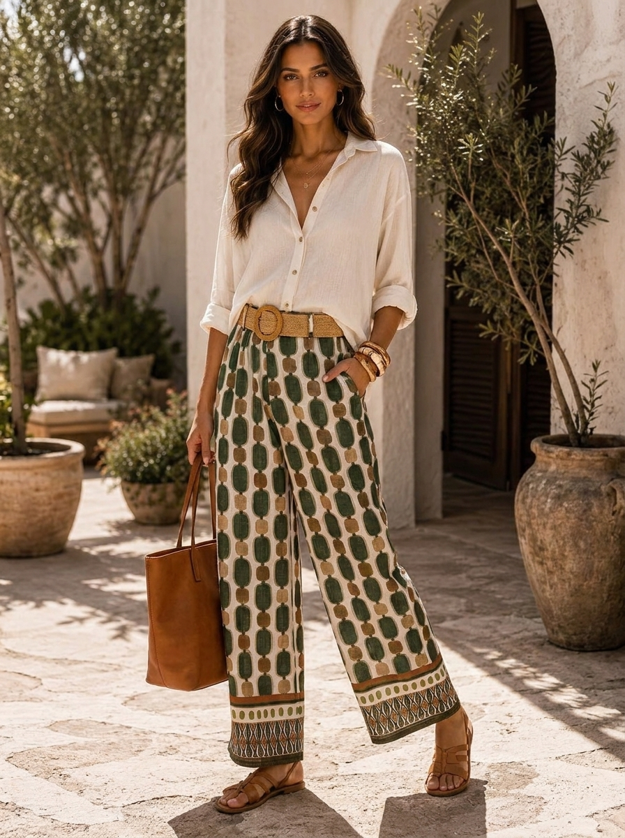 “SYDNEY” Resort Wide Leg Trousers khaki green