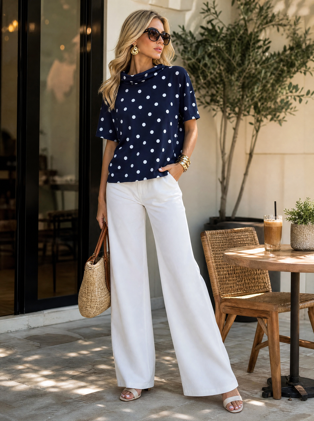 “HELEN” Polka Dot Cowl Neck Top navy
