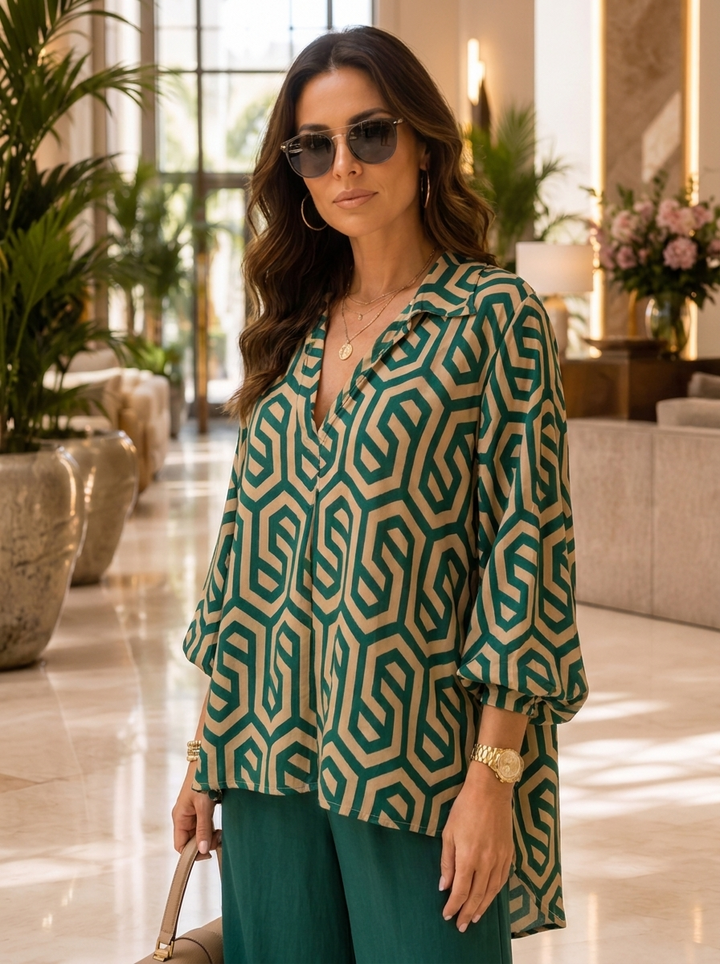 “SANDY” Geo Print Blouse  emerald