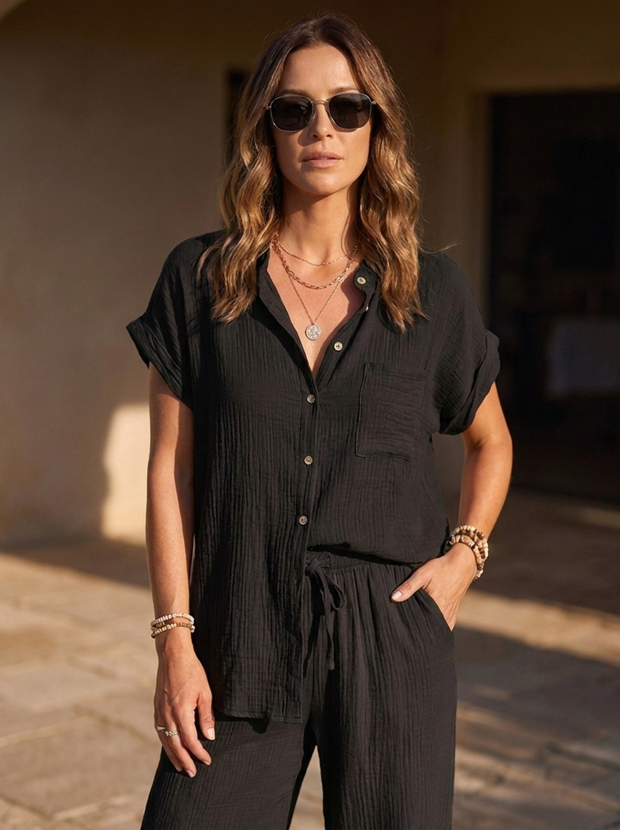 “ATHENA” Collection Textured Shirt/Blouse BLACK