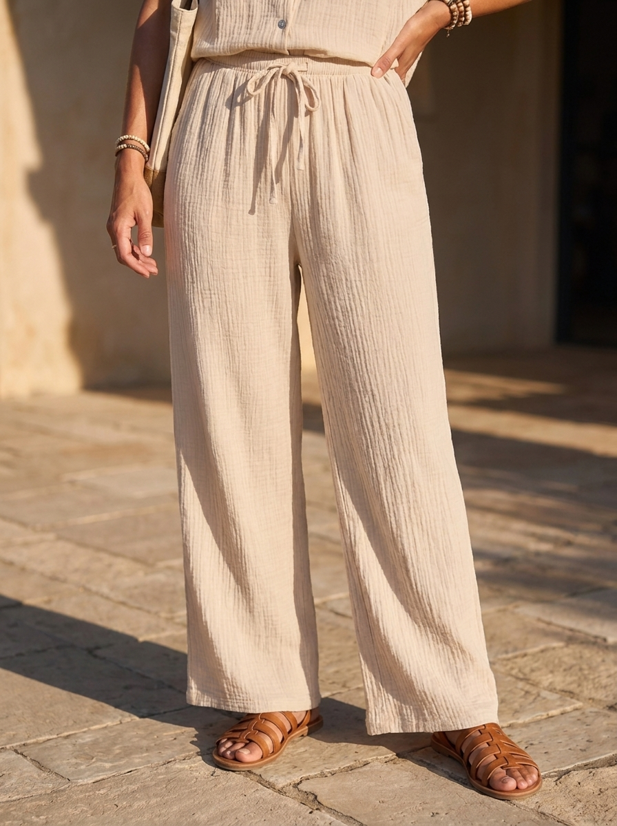 “ATHENA” COLLECTION Textured Wide Leg Trousers cream