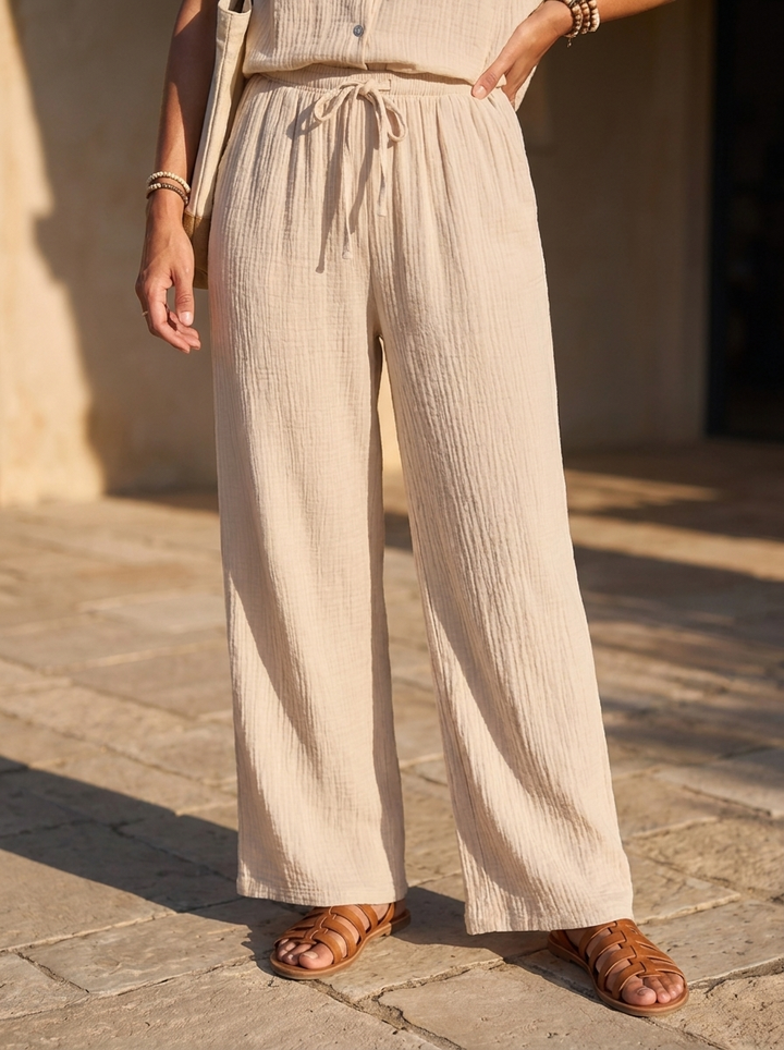 “ATHENA” COLLECTION Textured Wide Leg Trousers cream