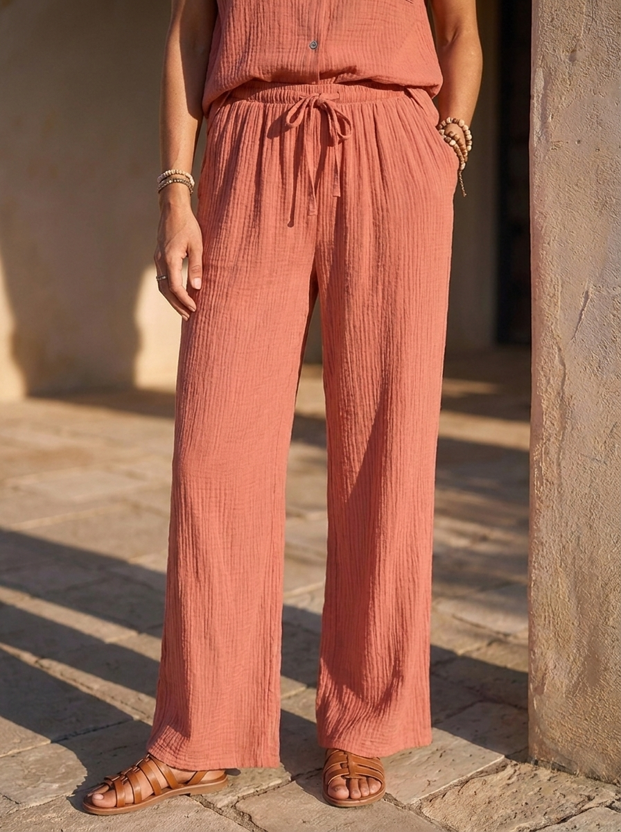 “ATHENA” COLLECTION Textured Wide Leg Trousers coral