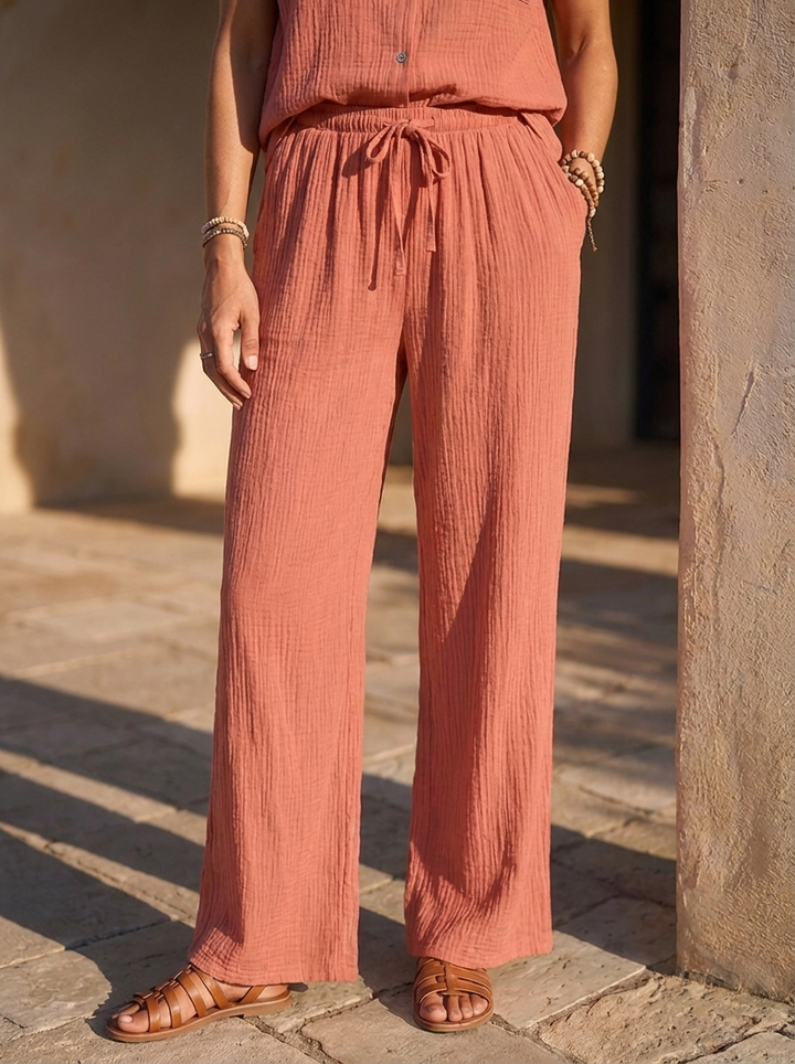 “ATHENA” COLLECTION Textured Wide Leg Trousers coral