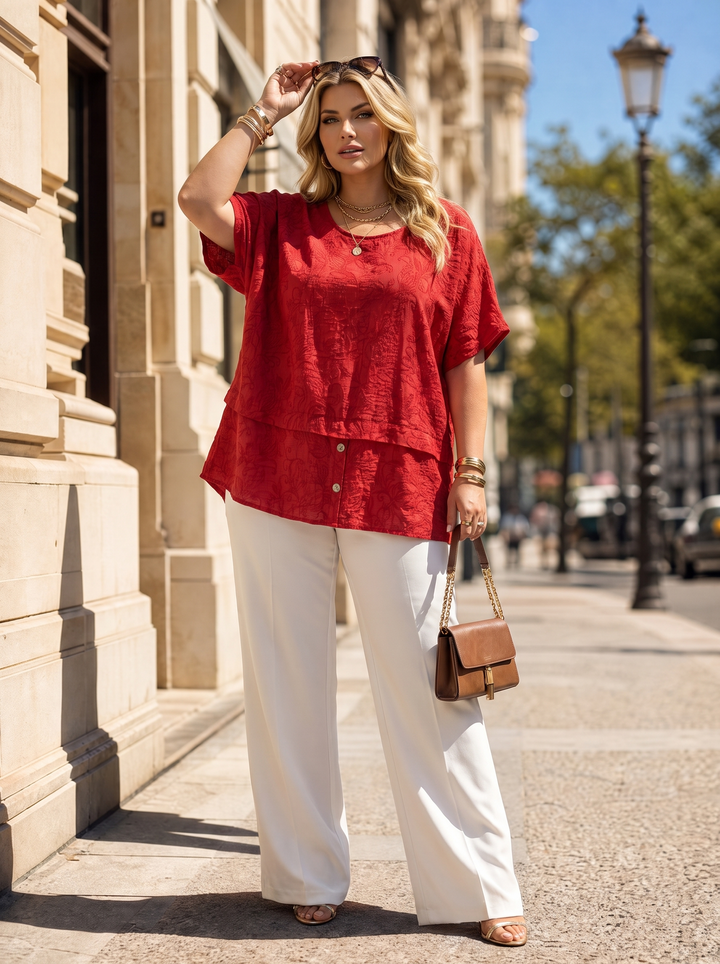 “BETHANY” Relaxed Fit Textured Blouse red