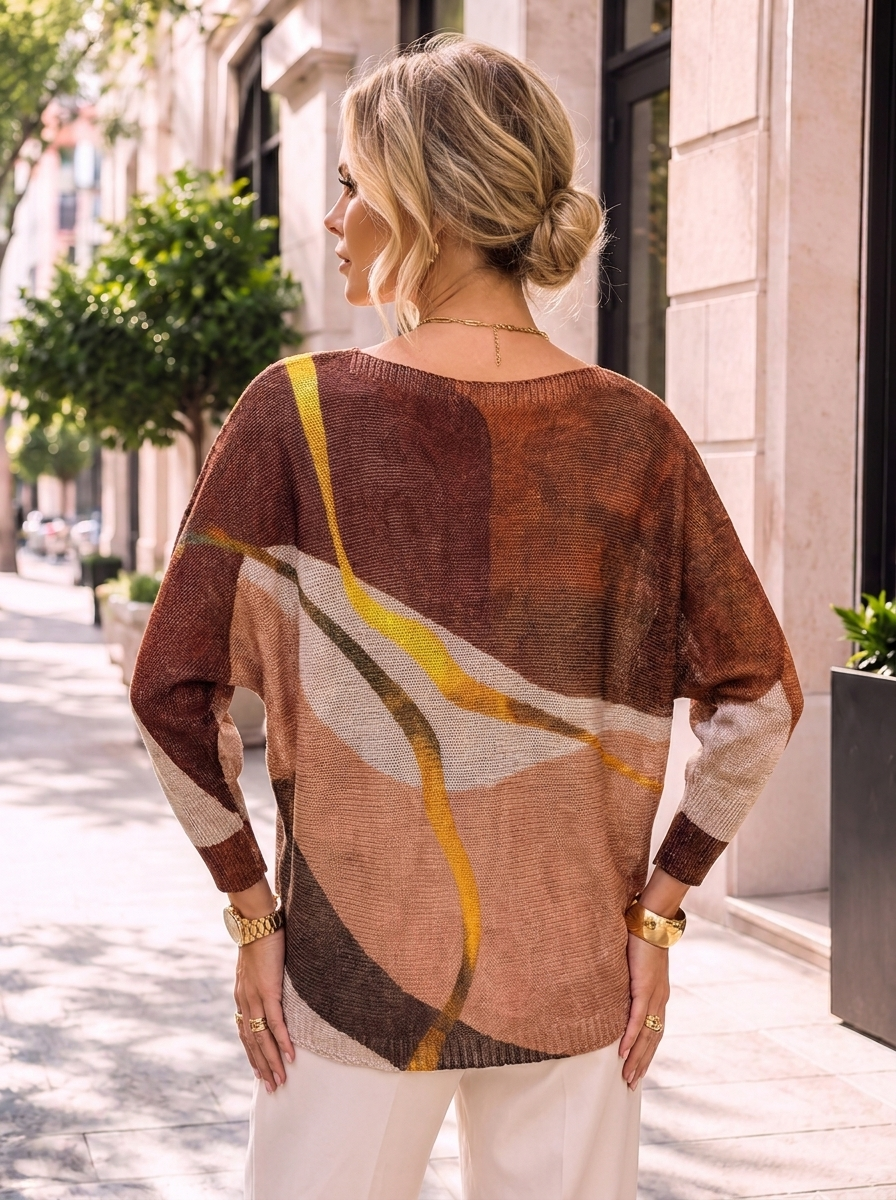“LEXIE” Fine Knit Top - Colour Block Print chocolate