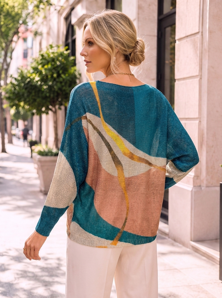 “LEXIE” Fine Knit Top - Colour Block Print TURQUOISE