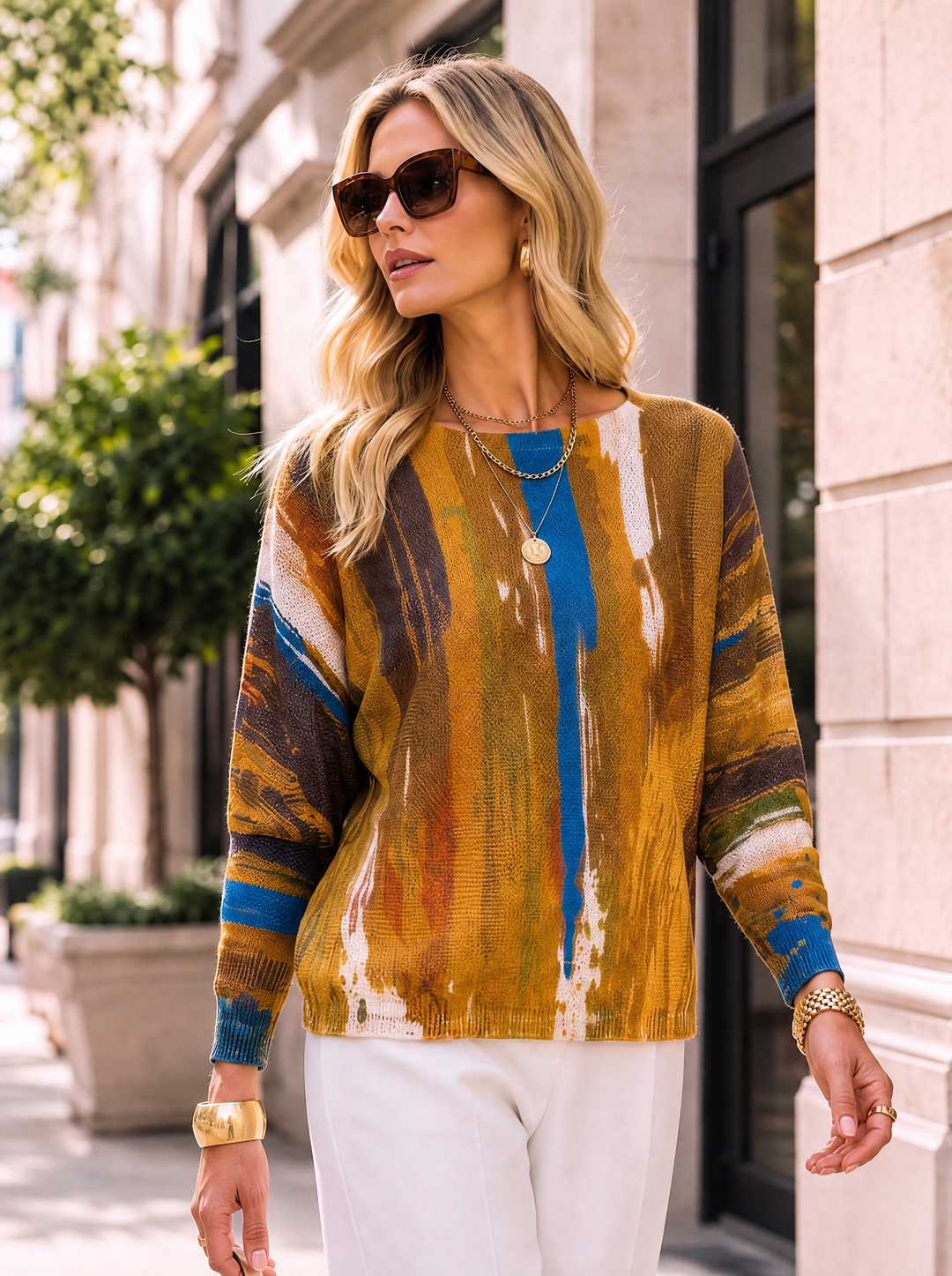 “LEXIE “ Fine Knit Top - Brushstroke Print tan