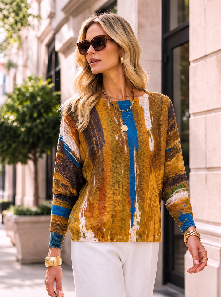 “LEXIE “ Fine Knit Top - Brushstroke Print tan