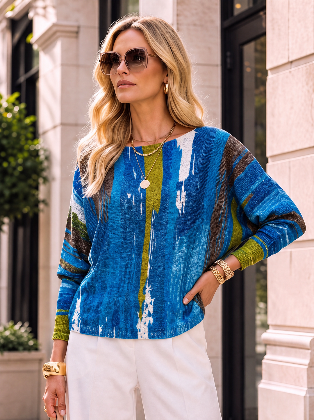 “LEXIE “ Fine Knit Top - Brushstroke Print royal blue